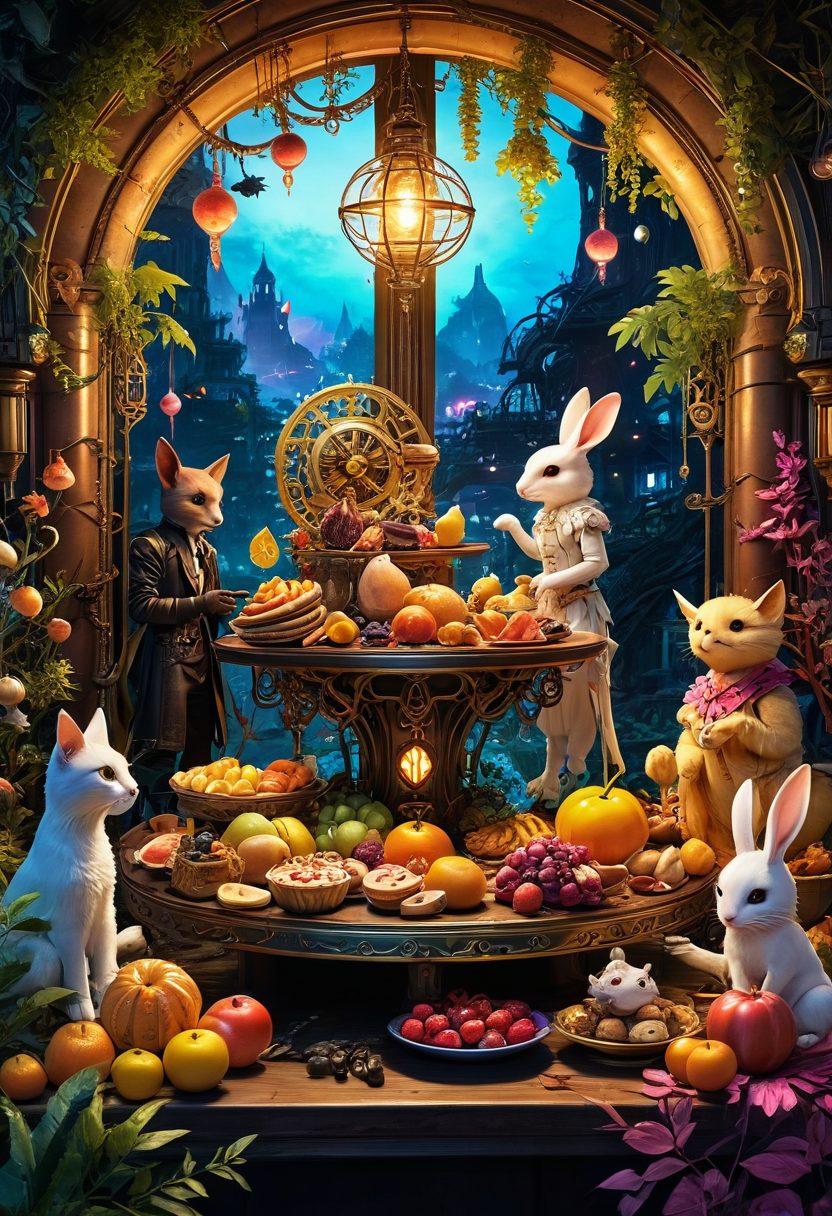 A vibrant, colorful depiction of an imaginative fantasy feast scene, featuring whimsical characters inspired by hentai manga and adult animation, surrounded by exotic foods and surreal landscapes. The characters exhibit playful expressions, blending cuteness with allure, with fantastical creatures in the background. The entire setting is infused with a mix of steampunk and cyberpunk aesthetic, creating a lively atmosphere. super-realistic. vibrant colors. fantasy style.