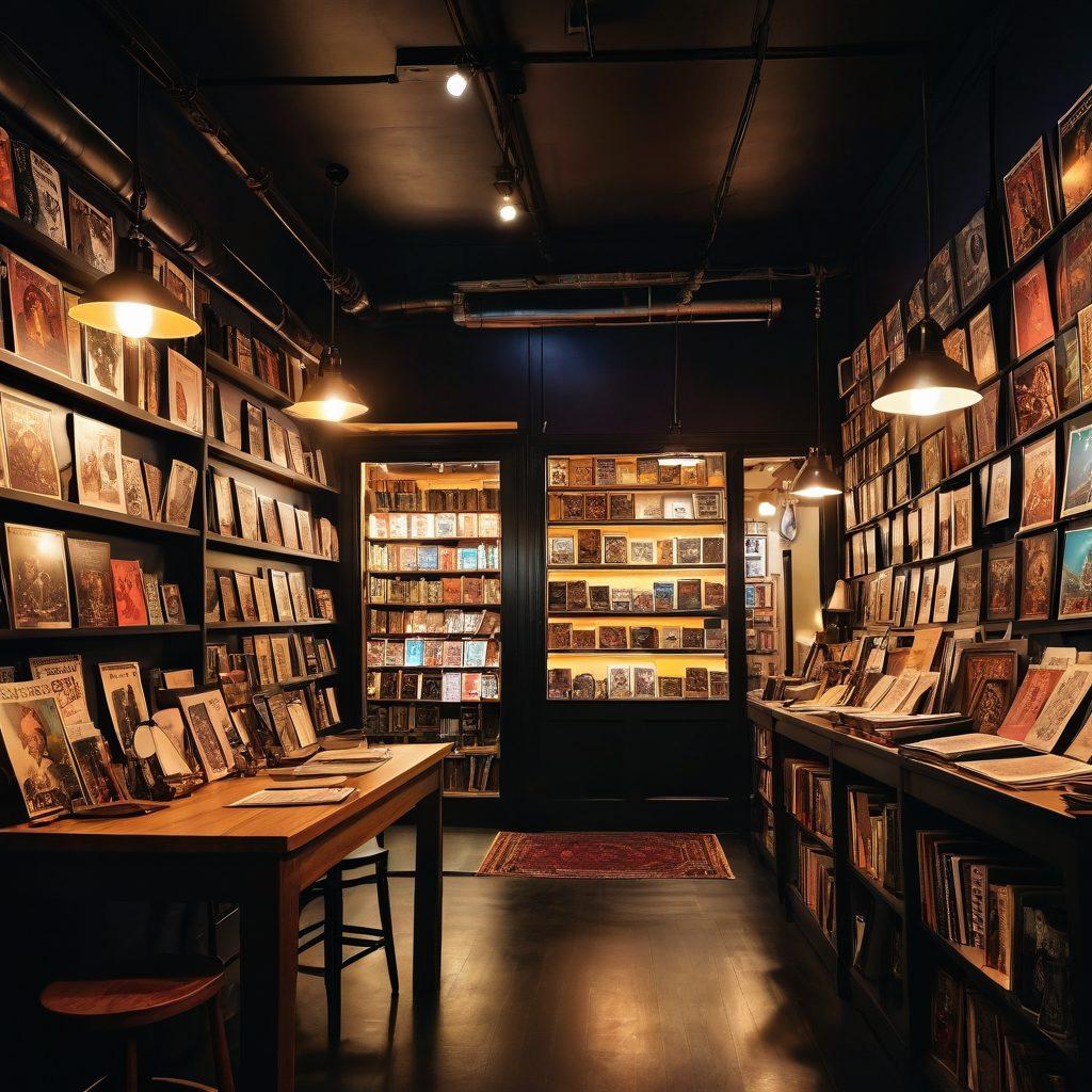 A moody, dimly-lit comic book store showcasing a diverse range of adult comics, highlighting scenes of kink culture and fantasy erotica. Emphasize vivid, expressive illustrations on the covers, with characters in elaborate costumes engaging in playful scenarios. Include elements like cozy reading nooks and soft candlelight to create an intimate atmosphere. Infuse a touch of whimsy and surrealism, inviting curiosity and exploration. vibrant colors. super-realistic. 3D.